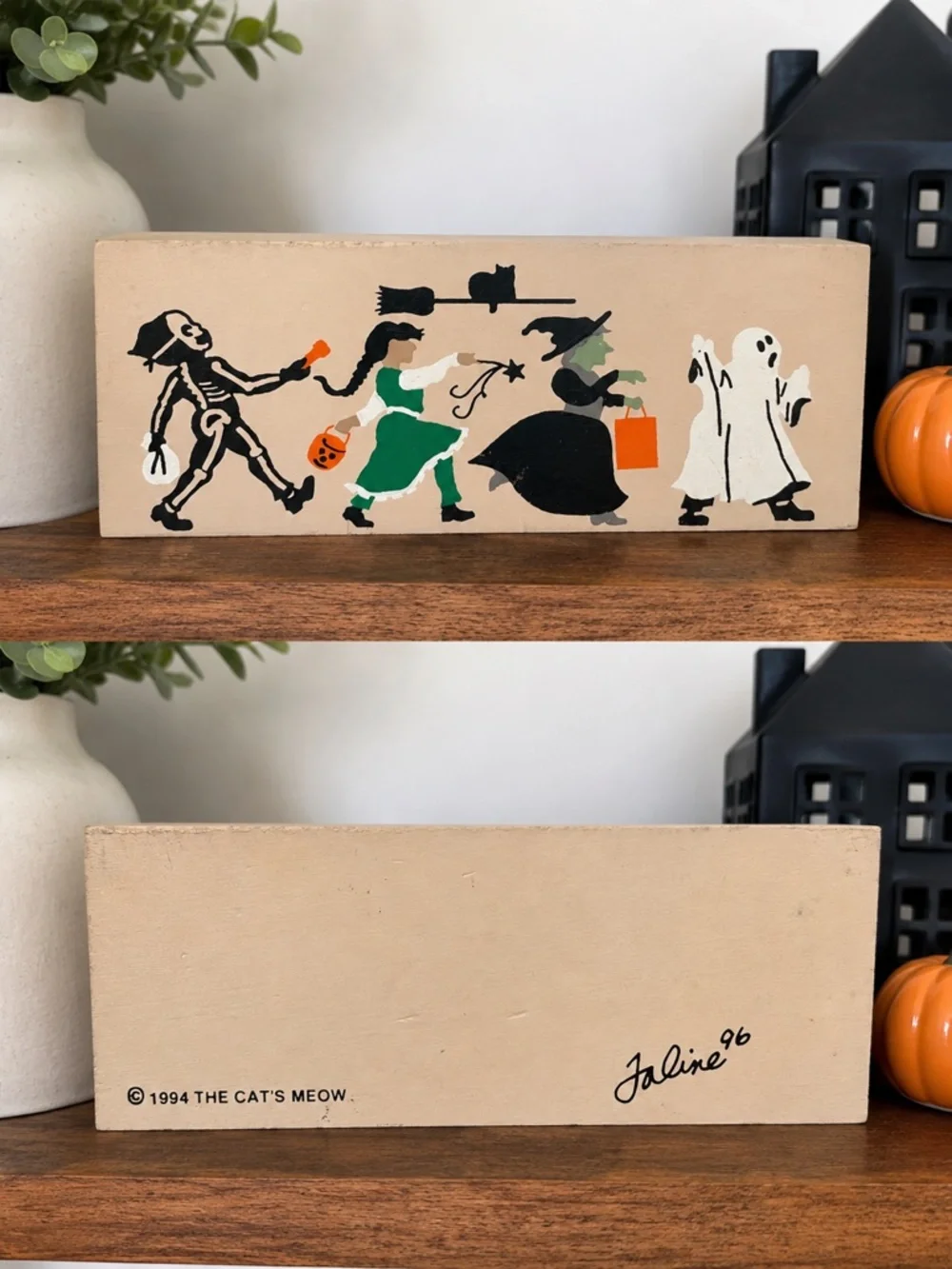 Vintage Cat's Meow Halloween Parade Skeleton Witch Ghost Wood Shelf Sitter